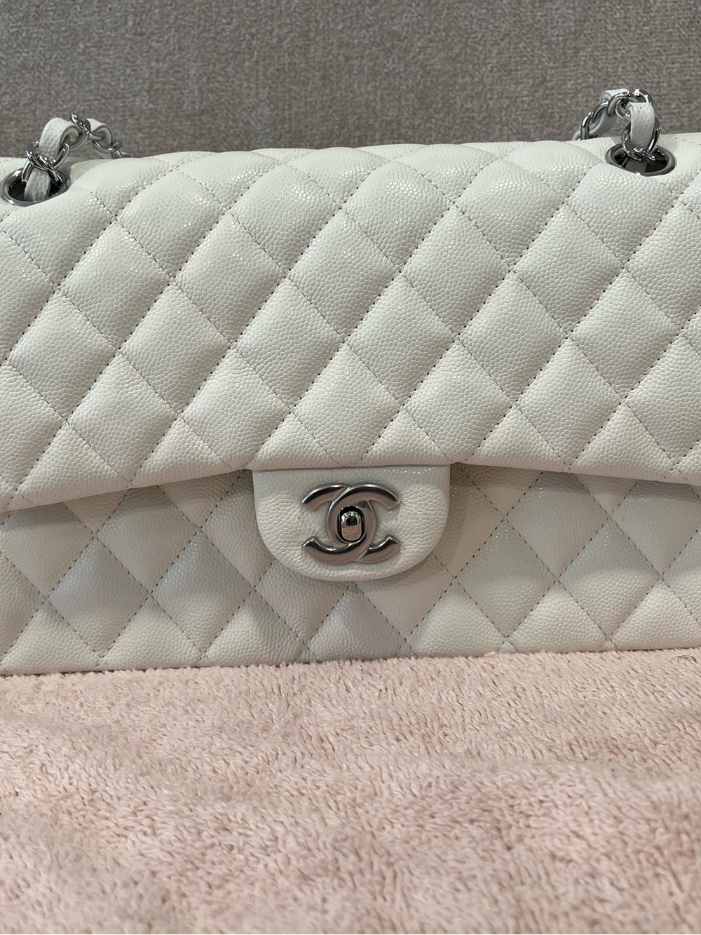 CHANEL Quilted Caviar Leather Flap Bag in White with Silver Hardware